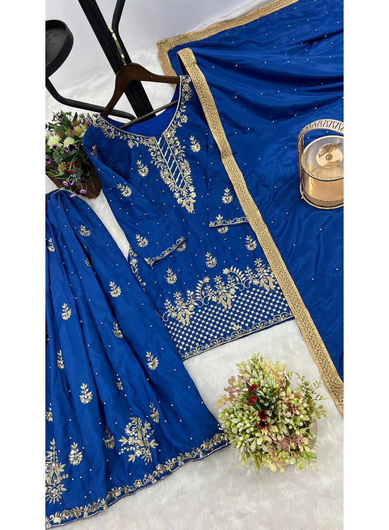 Super Asian Designer Palazo Set with Embroidery, Sequence & Riveted Moti Work | Fully Stitched  - Image 5