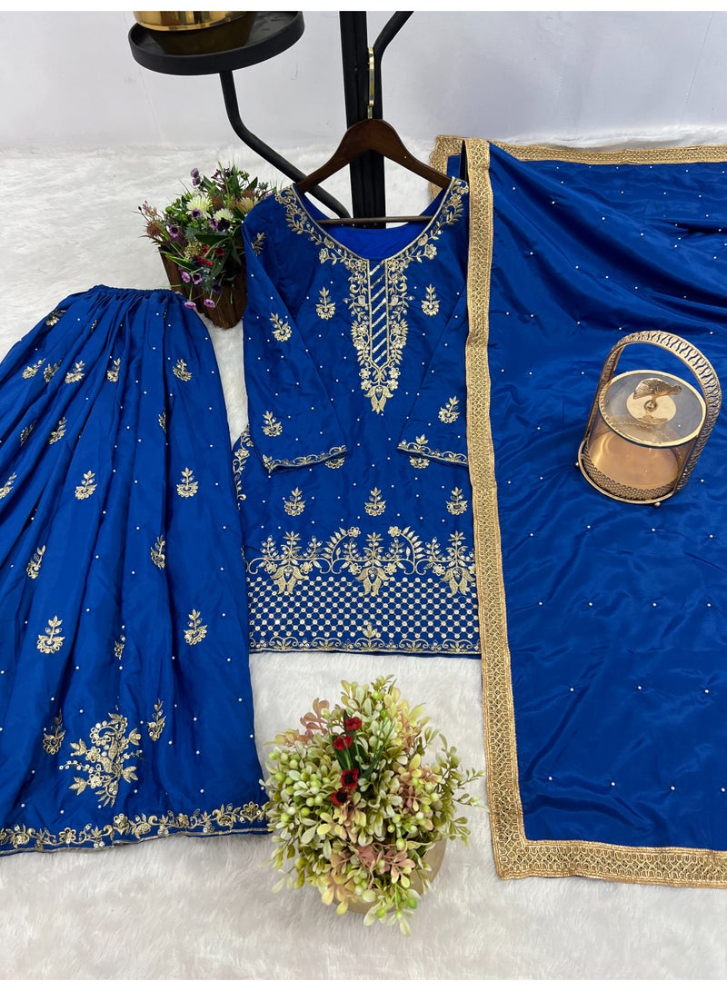 Super Asian Designer Palazo Set with Embroidery, Sequence & Riveted Moti Work | Fully Stitched  - Image 2