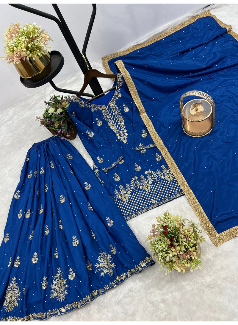 Super Asian Designer Palazo Set with Embroidery, Sequence & Riveted Moti Work | Fully Stitched  - Image 1