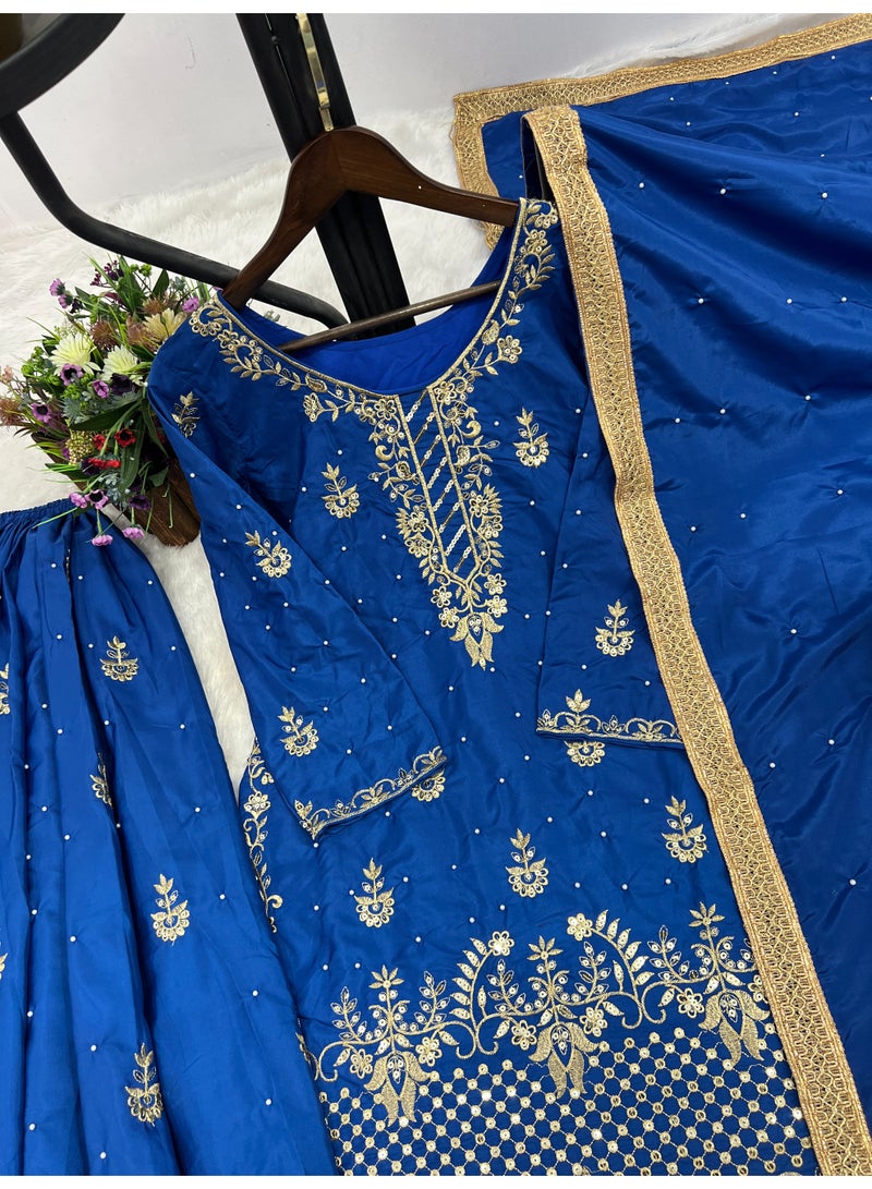 Super Asian Designer Palazo Set with Embroidery, Sequence & Riveted Moti Work | Fully Stitched  - Image 3