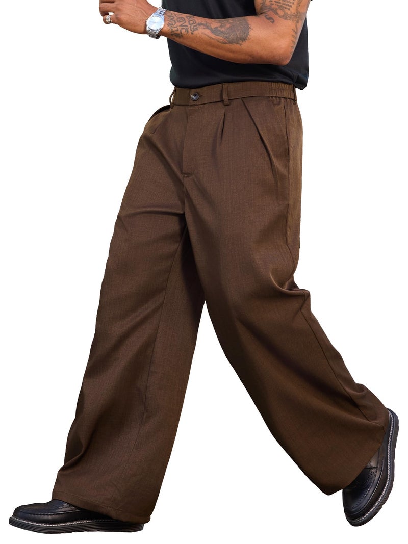 PLEPAN Men's Wide Leg Dress Pants Baggy Pleated Casual Trousers Relaxed Fit Elastic Waist Business Slacks with Pockets Dark Brown Large - Image 2