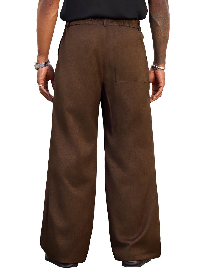 PLEPAN Men's Wide Leg Dress Pants Baggy Pleated Casual Trousers Relaxed Fit Elastic Waist Business Slacks with Pockets Dark Brown Large - Image 4