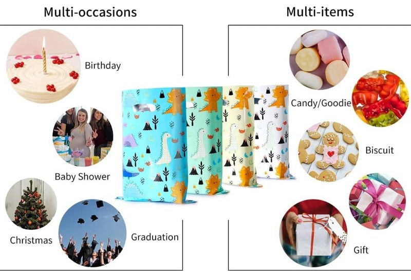 VRB Dec 24 قطعة أكياس فويل غودي، أكياس هدايا للعودة لعيد ميلاد الأطفال، أكياس هدايا العودة لحفلة عيد الميلاد للأولاد والبنات، أكياس هدايا ملونة (24 قطعة تصميم ديناصور) - Image 4