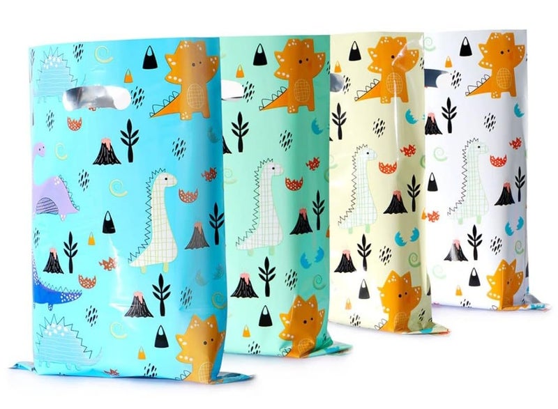 VRB Dec 24 قطعة أكياس فويل غودي، أكياس هدايا للعودة لعيد ميلاد الأطفال، أكياس هدايا العودة لحفلة عيد الميلاد للأولاد والبنات، أكياس هدايا ملونة (24 قطعة تصميم ديناصور) - Image 1