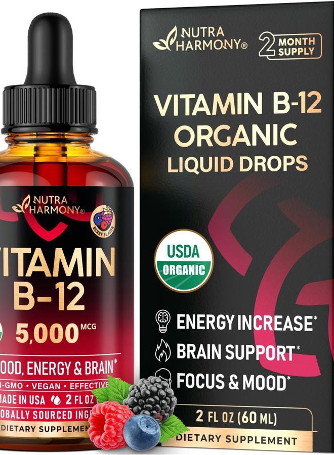 NUTRAHARMONY USDA Organic Vitamin B12 Sublingual Drops - 5000 mcg Liquid Vegan Methylcobalamin for Women & Men - Energy Boost, Focus & Mood, Brain Health Support - Maximize Absorption - 2 Month Supply, 2 fl oz - Image 1