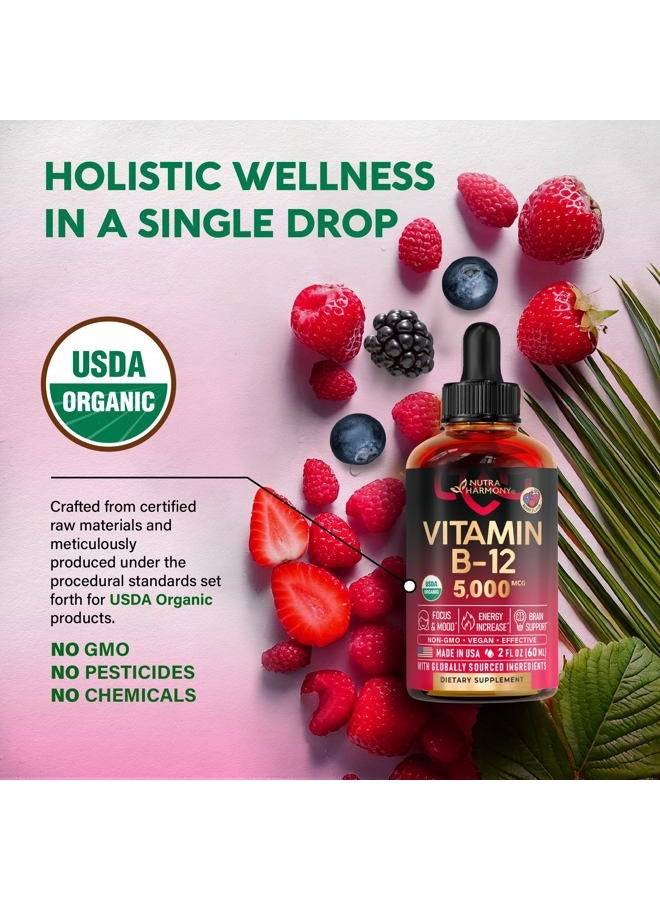 NUTRAHARMONY USDA Organic Vitamin B12 Sublingual Drops - 5000 mcg Liquid Vegan Methylcobalamin for Women & Men - Energy Boost, Focus & Mood, Brain Health Support - Maximize Absorption - 2 Month Supply, 2 fl oz - Image 3