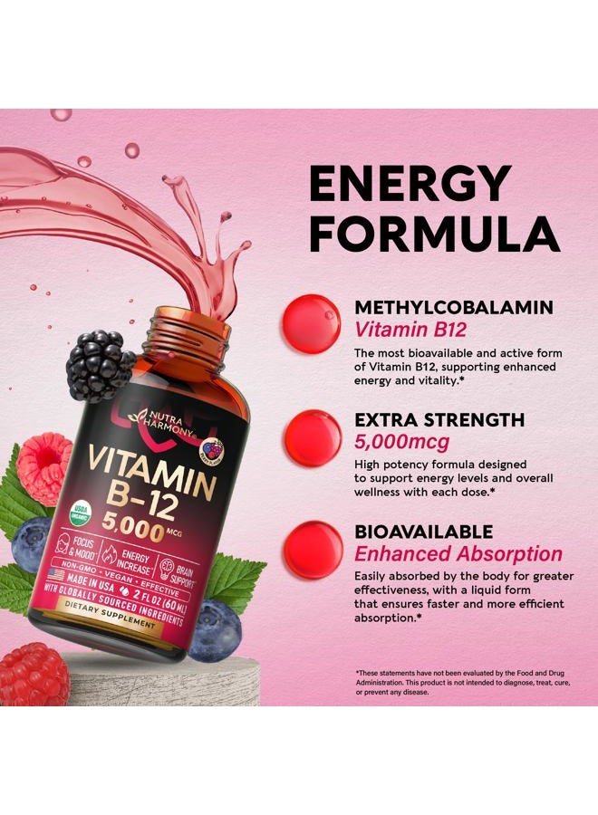 NUTRAHARMONY USDA Organic Vitamin B12 Sublingual Drops - 5000 mcg Liquid Vegan Methylcobalamin for Women & Men - Energy Boost, Focus & Mood, Brain Health Support - Maximize Absorption - 2 Month Supply, 2 fl oz - Image 4