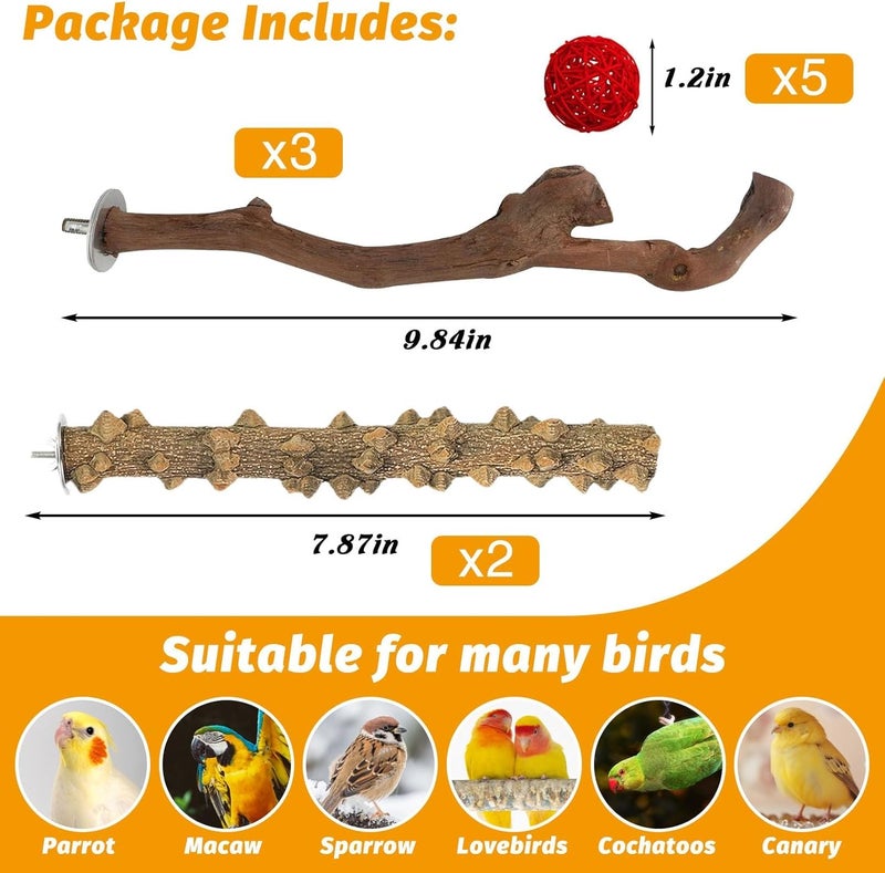 Kathson 5pcs Natural Parrot Perch for Cage Wooden Bird Perches Grape Bird Stick Parakeet Climbing Standing Branches Toy Chewable Cage Accessories for Small Budgies Cockatiels Lovebirds Budgies - Image 2