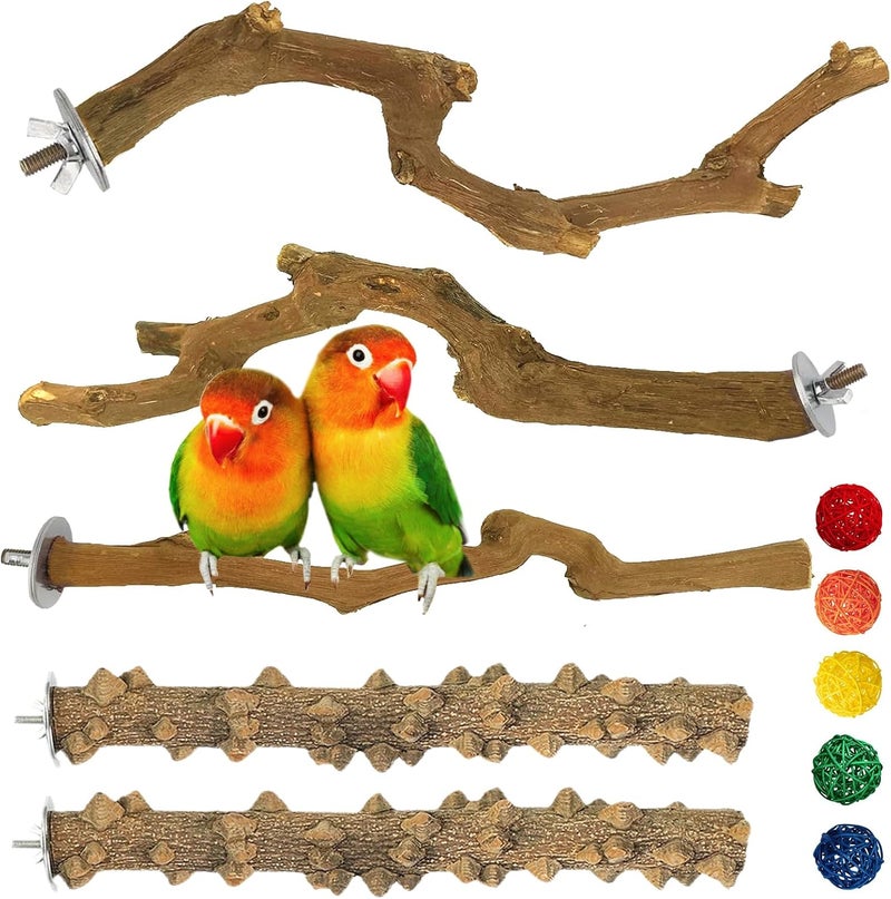 Kathson 5pcs Natural Parrot Perch for Cage Wooden Bird Perches Grape Bird Stick Parakeet Climbing Standing Branches Toy Chewable Cage Accessories for Small Budgies Cockatiels Lovebirds Budgies - Image 1
