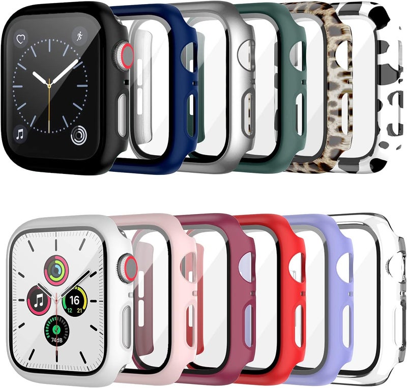 Cuteey 12 Pack Case with Tempered Glass Screen Protector for Apple Watch 44mm Series 6/SE/Series 5/Series 4,Full Matte Leopard Cow Pattern PC Cover for Iwatch 44mm Accessories (12 Colors, 44mm) - Image 1
