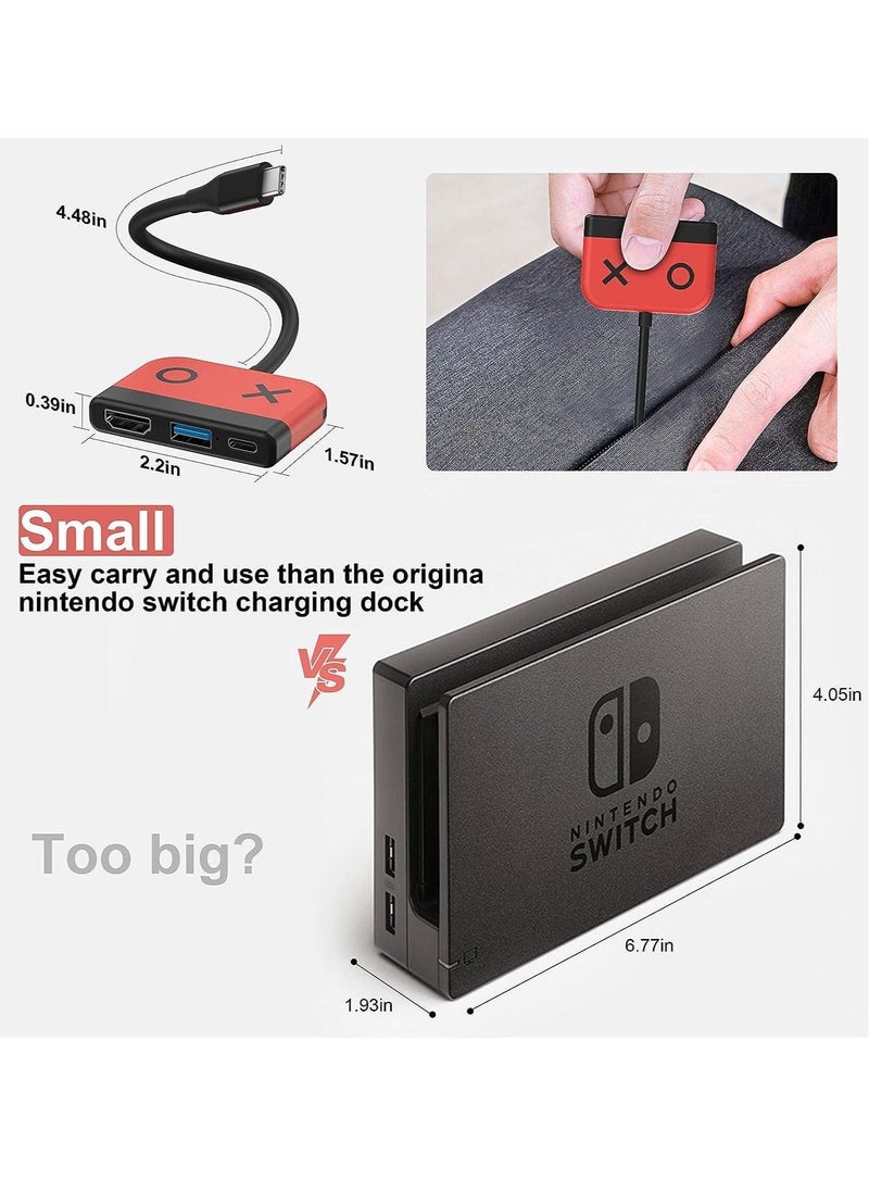 Portable TV Dock, Nintendo Switch Dock with HDMI USB 3.0 Port and USB-C Charging, Travel Dock for Nintendo Switch/Steam Deck (Red)