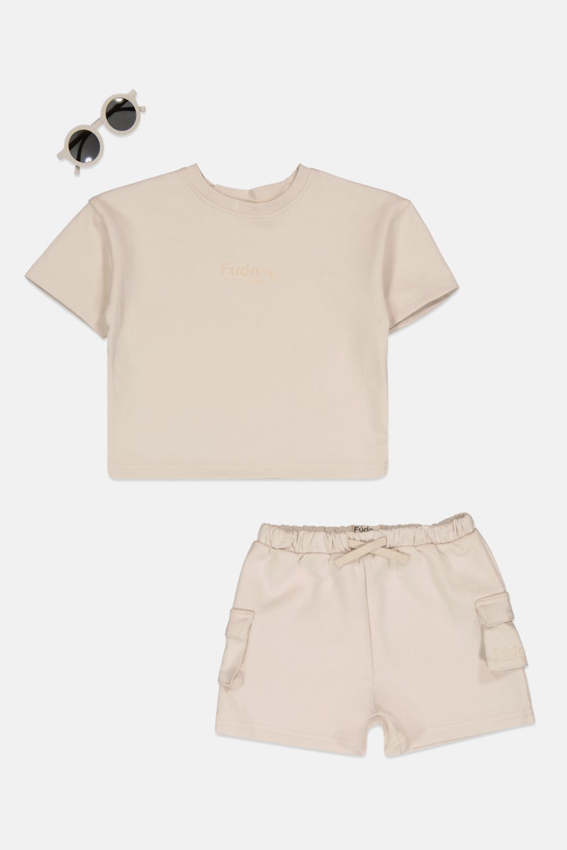 Fudo Toddlers Girl 3 Pcs Brand Logo Top And Bottom Set With Sunglasses, Beige - Image 1