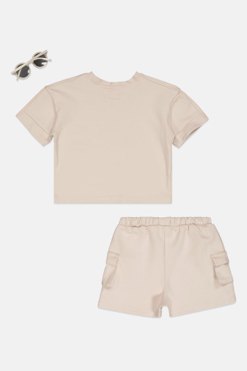 Fudo Toddlers Girl 3 Pcs Brand Logo Top And Bottom Set With Sunglasses, Beige - Image 2