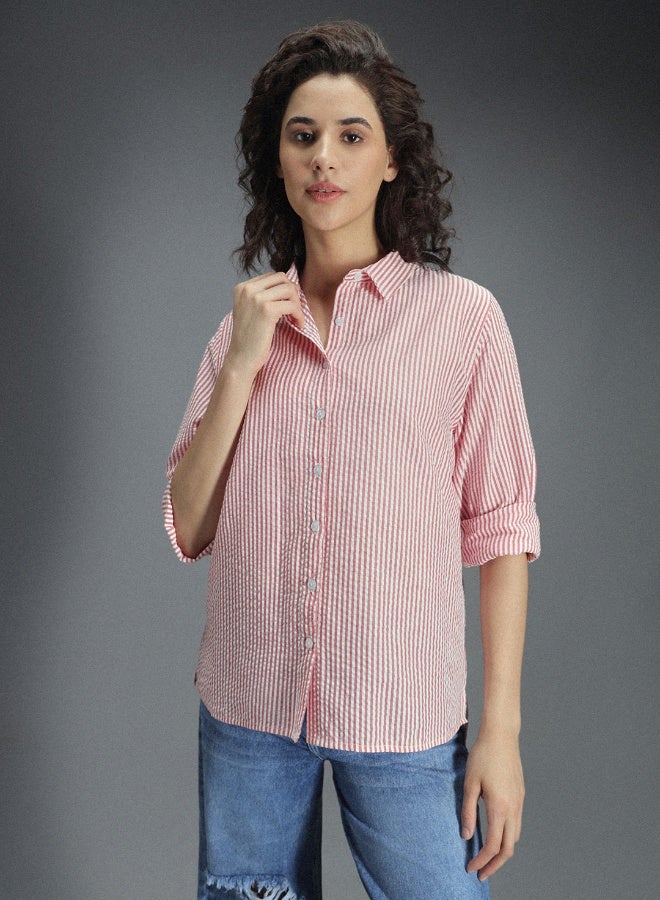 HIGH STAR Women's Multicolour 100% Cotton Striped Button Down Oversized Shirt  - Image 4