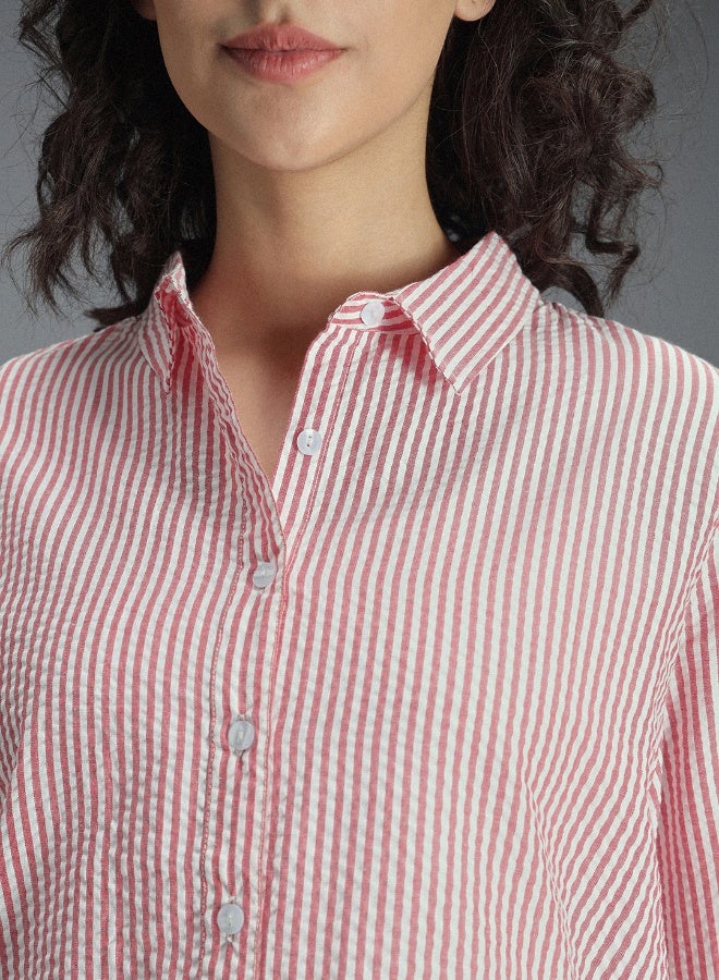 HIGH STAR Women's Multicolour 100% Cotton Striped Button Down Oversized Shirt  - Image 2
