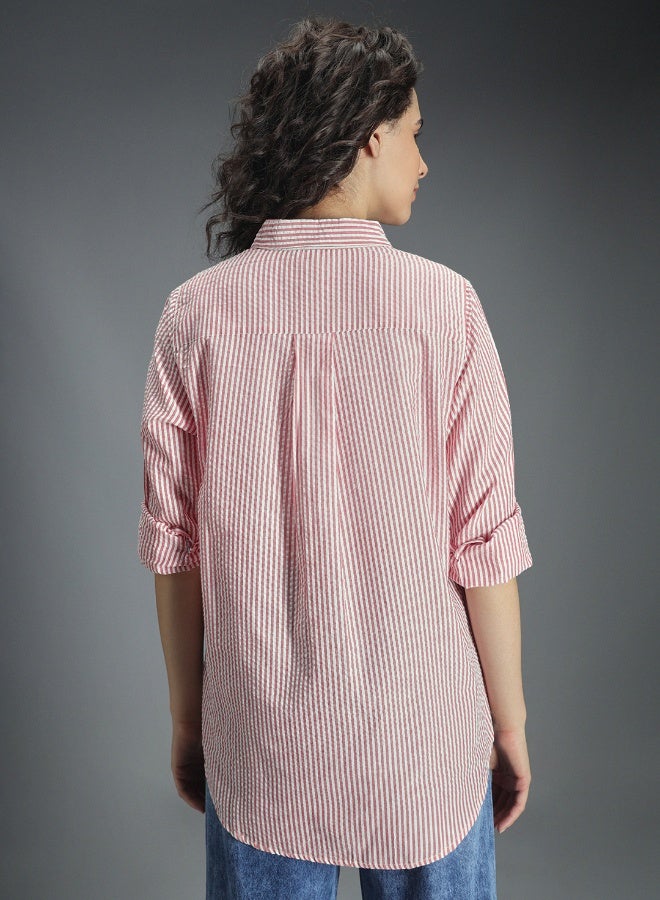 HIGH STAR Women's Multicolour 100% Cotton Striped Button Down Oversized Shirt  - Image 5