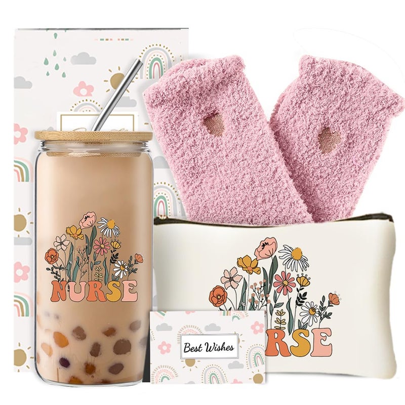 DHQH Nurse Christmas Gifts for Women  Nurse Week Gift for Nursing Nurses Female Practitioner  Rn Appreciation Gifts Set with 16oz Glass Cup Makeup Bag - Image 1