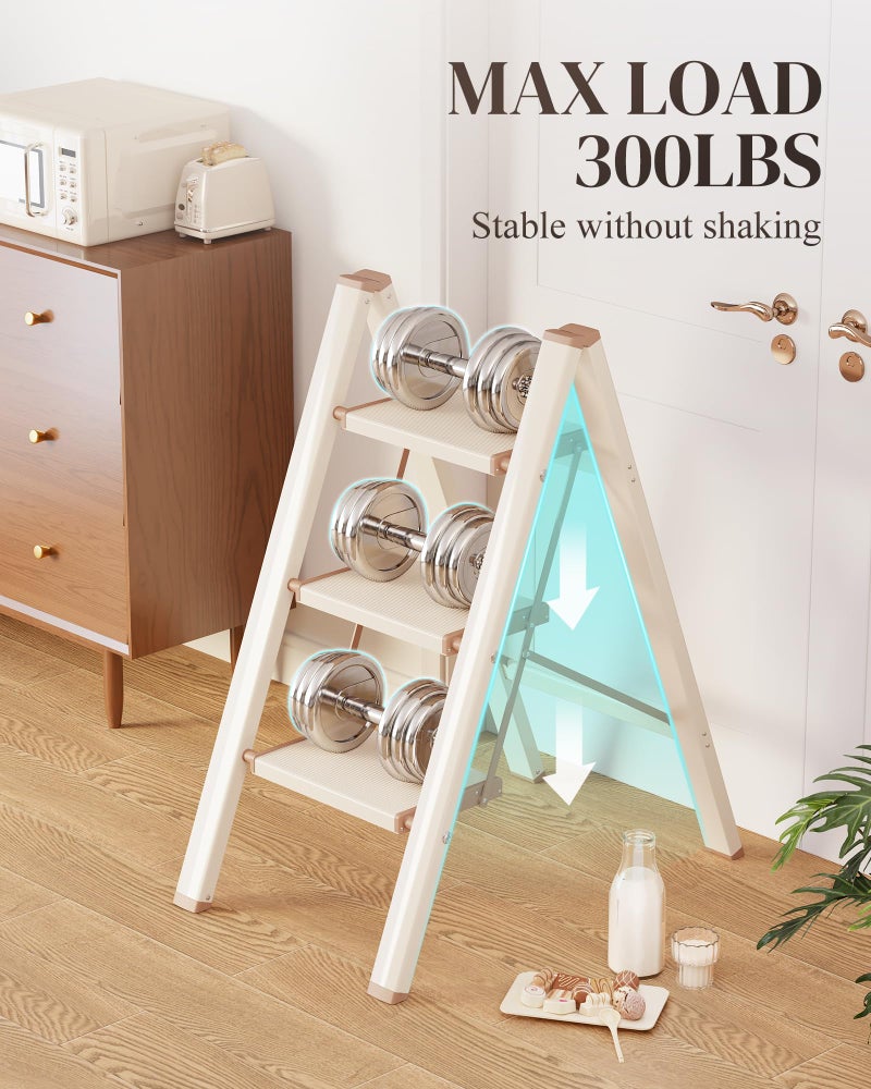 GameGem 3 Step Ladder, Folding Step Stool with Wider Pedal, Anti-Slip Feet & Non Slip Stripes, Aluminum Sturdy Material, 300Lbs Capacity, Elegant Look of Cream Chocolate Better Matches Your Home - Image 4