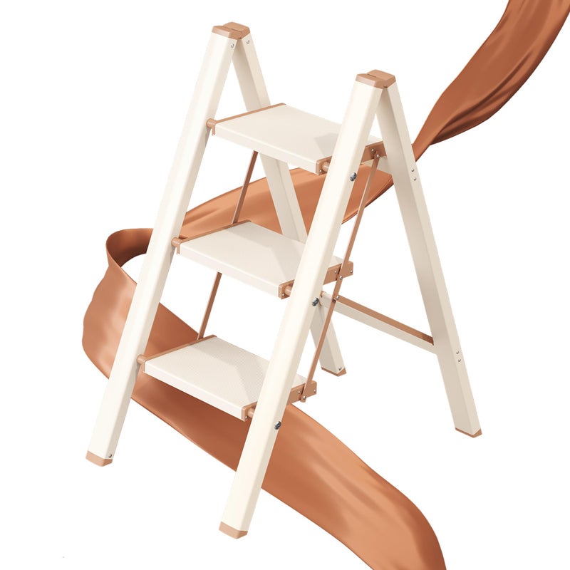 GameGem 3 Step Ladder, Folding Step Stool with Wider Pedal, Anti-Slip Feet & Non Slip Stripes, Aluminum Sturdy Material, 300Lbs Capacity, Elegant Look of Cream Chocolate Better Matches Your Home - Image 1
