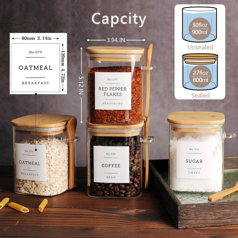 CZZGSM Set of 4 Square Glass Jar with Bamboo Lids and Spoons â€“ Airtight 27 oz Borosilicate Glass Food Storage Contaienrs with 132 Kitchen Pantry Labels for Coffee, Tea, Sugar - Image 4