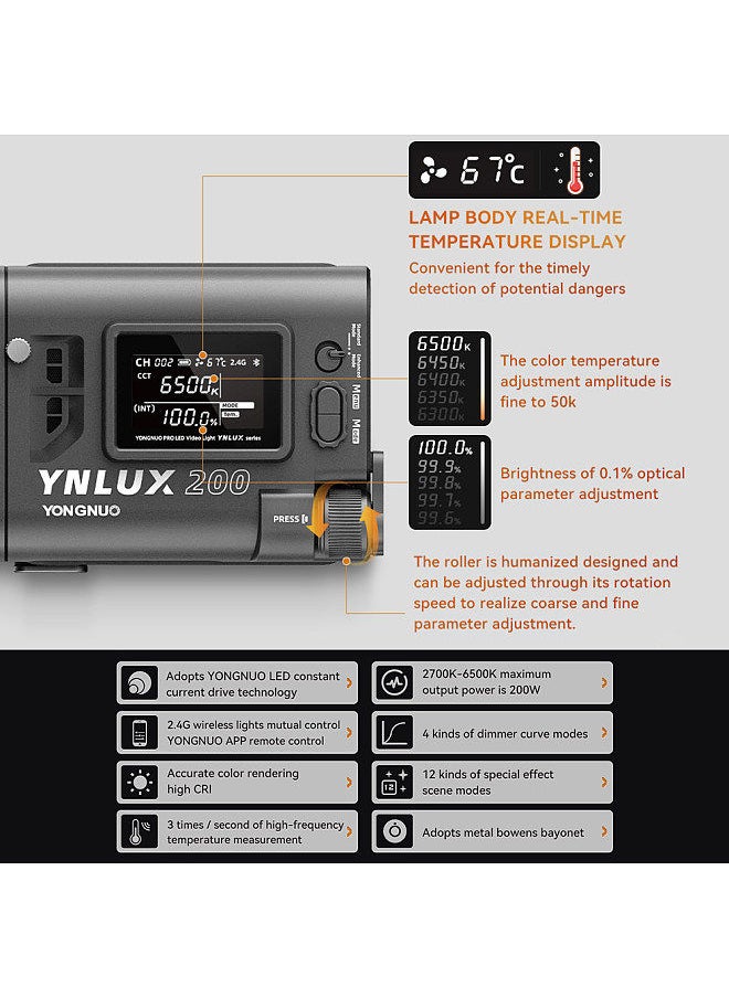 YONGNUO YNLUX200 Bi-Color LED Video Light 200W High Power Photography Light 2600K-6500K Dimmable