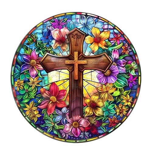 Artipuz Wooden Puzzles for Adults Stained Glass Cross Wooden Puzzle Unique Shape Wood Jigsaw Puzzle for Adults Wood Puzzles Adult Gifts for Family Wall Art Home Decor 200pcs 114 114in M - Image 1