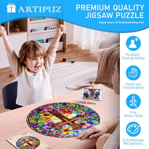 Artipuz Wooden Puzzles for Adults Stained Glass Cross Wooden Puzzle Unique Shape Wood Jigsaw Puzzle for Adults Wood Puzzles Adult Gifts for Family Wall Art Home Decor 200pcs 114 114in M - Image 5