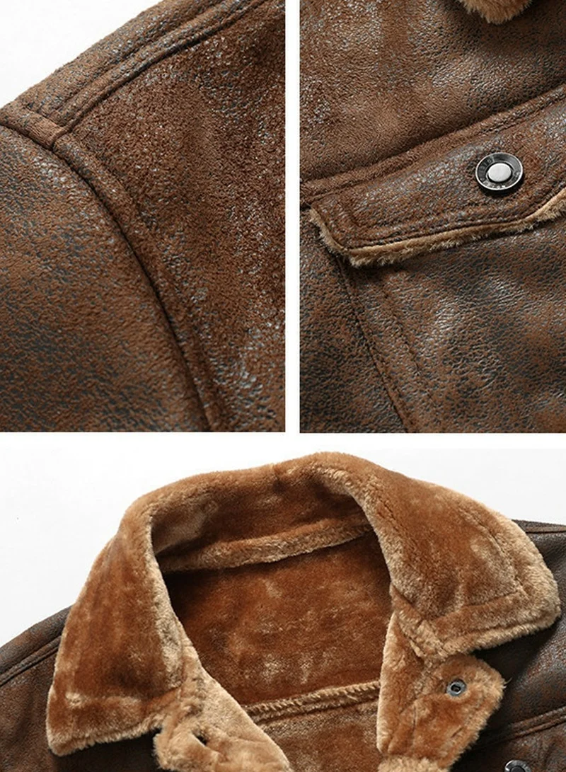 إسكدنيا Men's Single Breasted Thick Outdoor Leather Jacket Long Sleeve Lapel Casual Coat Brown