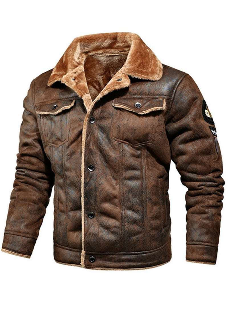 Loquat Men's Single Breasted Thick Outdoor Leather Jacket Long Sleeve Lapel Casual Coat Brown  - Image 1