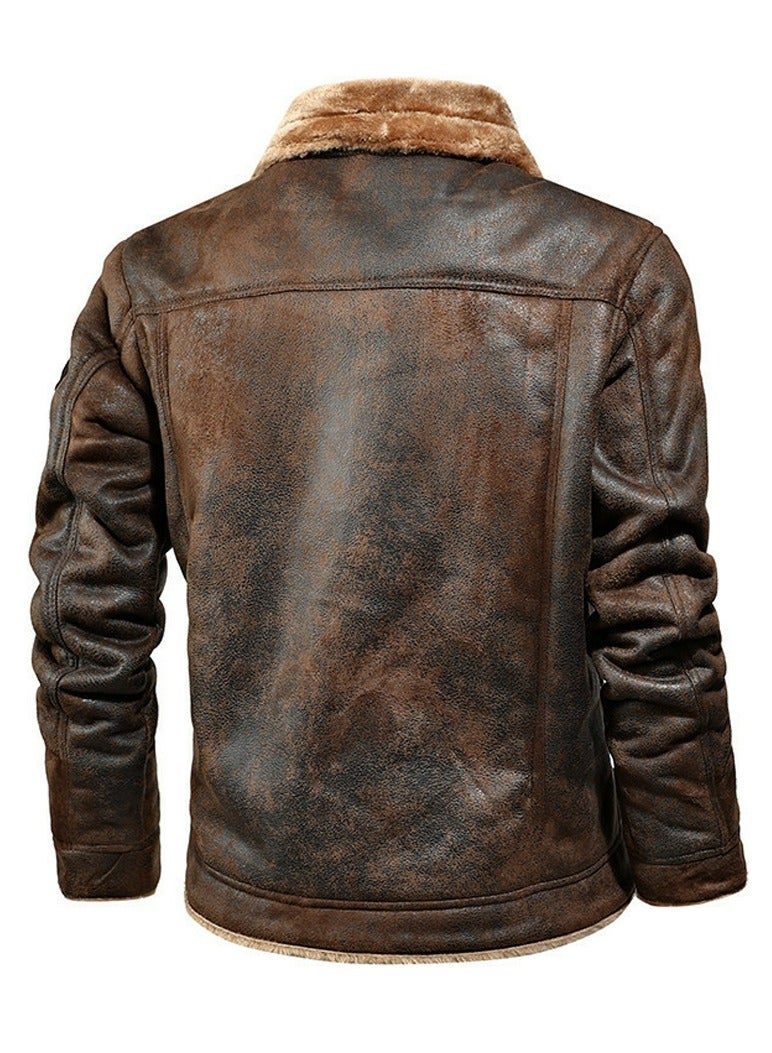 Loquat Men's Single Breasted Thick Outdoor Leather Jacket Long Sleeve Lapel Casual Coat Brown  - Image 2