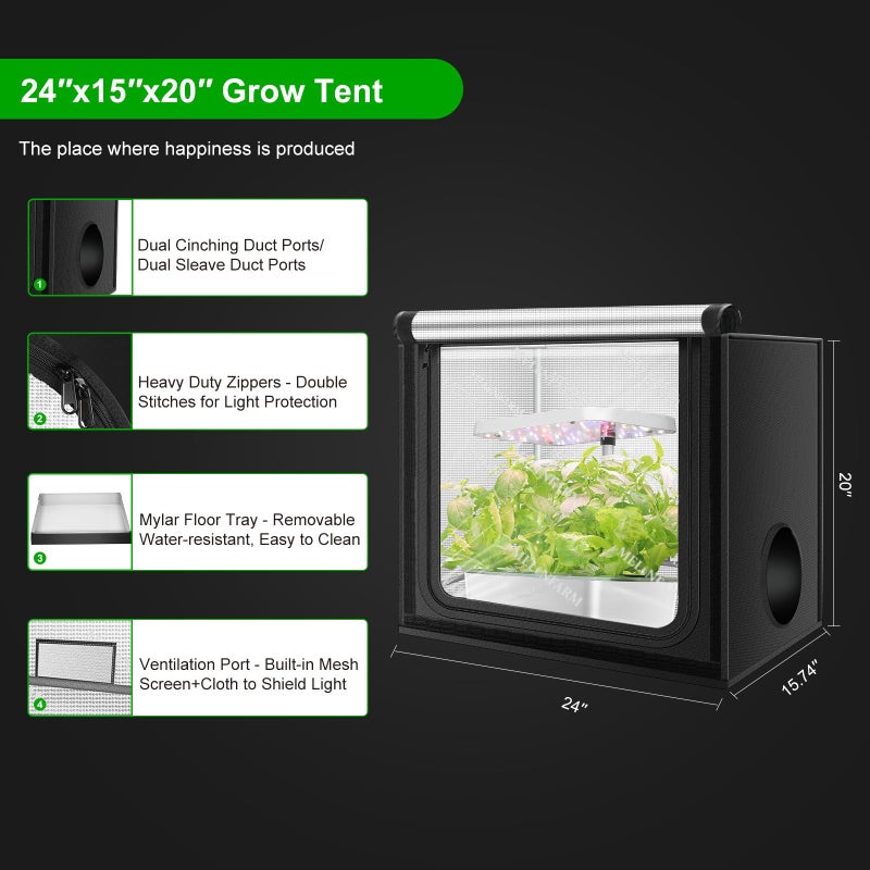 MELONFARM 24"x16"x24" Grow Tent, Double Transparent Viewing Door Indoor Grow Tent, Growing Tent with High Reflective Mylar & Floor Tray, Plant Tent for Indoor Hydroponics Growing - Image 5