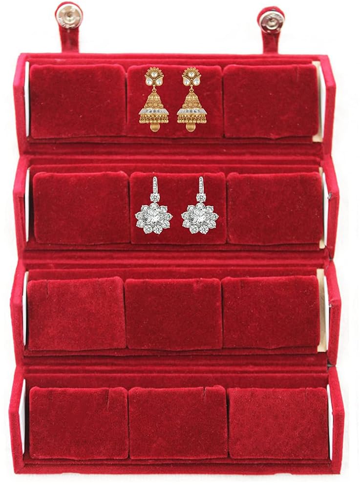 Luces Maroon Velvet Folding jewellery Vanity Box Make-Up 12 pair Earrings Utility Toiletry Wardrobe Organizer Pouch Set of 2 - Image 3