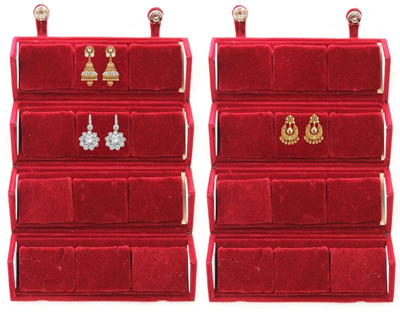 Luces Maroon Velvet Folding jewellery Vanity Box Make-Up 12 pair Earrings Utility Toiletry Wardrobe Organizer Pouch Set of 2 - Image 1