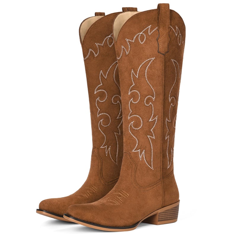 Fioralie Suede Cowboy Boots for Women Knee High Western Cowgirl Boots Pointed Toe Low Heel Classic Embroidered Boot - Image 4