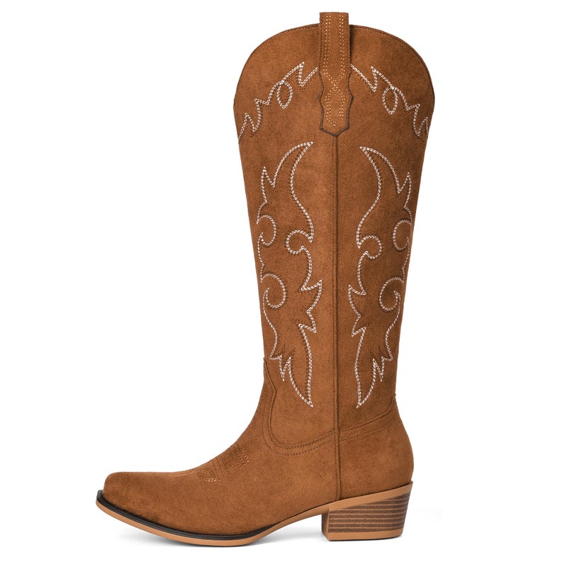 Fioralie Suede Cowboy Boots for Women Knee High Western Cowgirl Boots Pointed Toe Low Heel Classic Embroidered Boot - Image 5