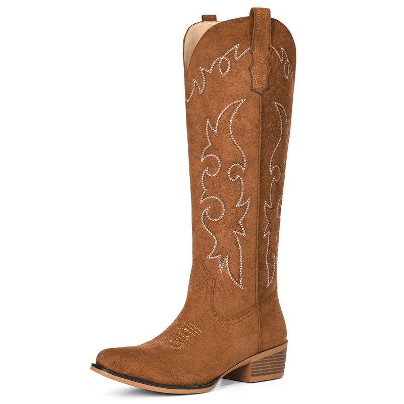 Fioralie Suede Cowboy Boots for Women Knee High Western Cowgirl Boots Pointed Toe Low Heel Classic Embroidered Boot - Image 1