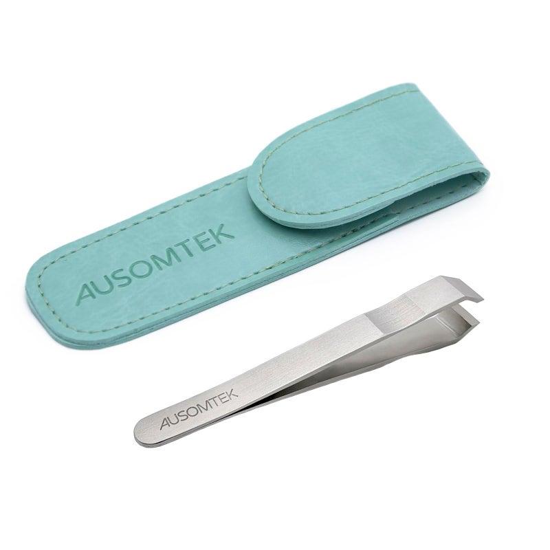AUSOMTEK Beard & Hair Plucking Tweezers, Fine Eyebrow Tool, Stainless Steel, 10mm Tip, Anti-Slip Slot Design, Cyan PU Case - Image 1