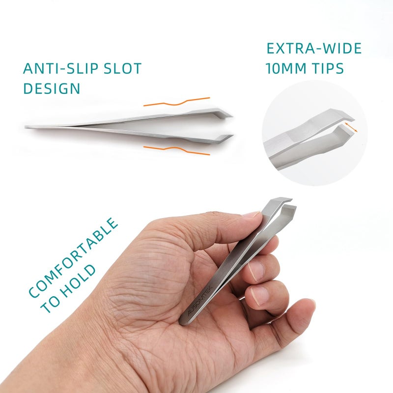 AUSOMTEK Beard & Hair Plucking Tweezers, Fine Eyebrow Tool, Stainless Steel, 10mm Tip, Anti-Slip Slot Design, Cyan PU Case - Image 4