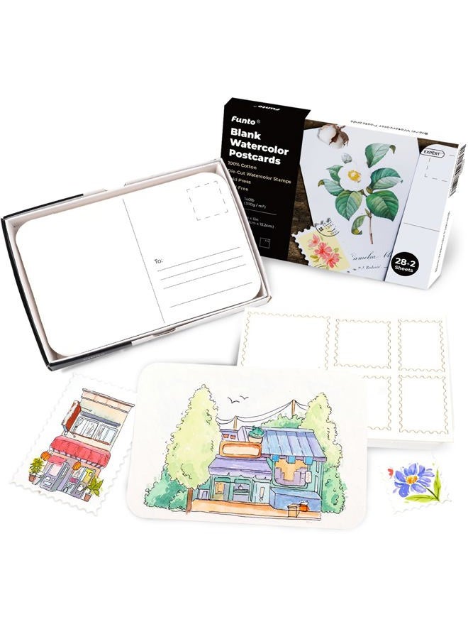 Funto Blank Watercolour Paper Postcards, 100% Cotton, 28 Postcards + 2 Sheets of Stamps, A6 (10.2 x 15.2 cm), 140 lb/300 gsm, Acid-free High Performance Art Paper for Thank You Cards and Greeting - Image 1
