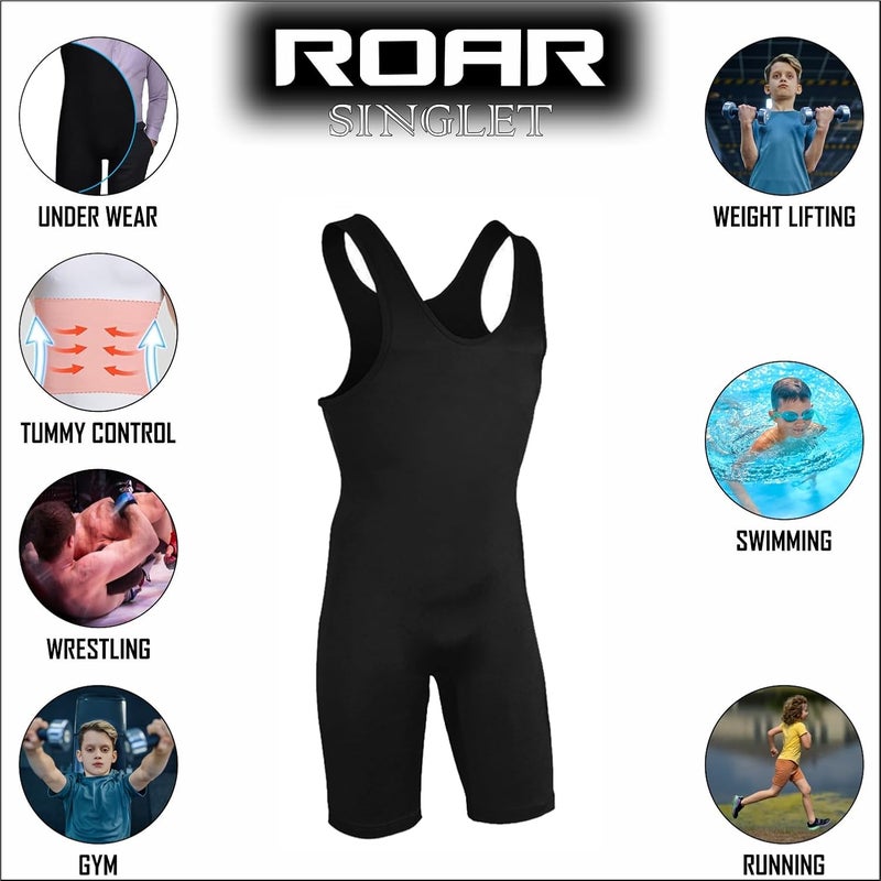 ROAR-INT Roar Athletic Men's Wrestling Singlet Suit Bodywear Uniform for Men and Youth, Powerlifting and Exercise Equipment (Black, Youth Large) - Image 2