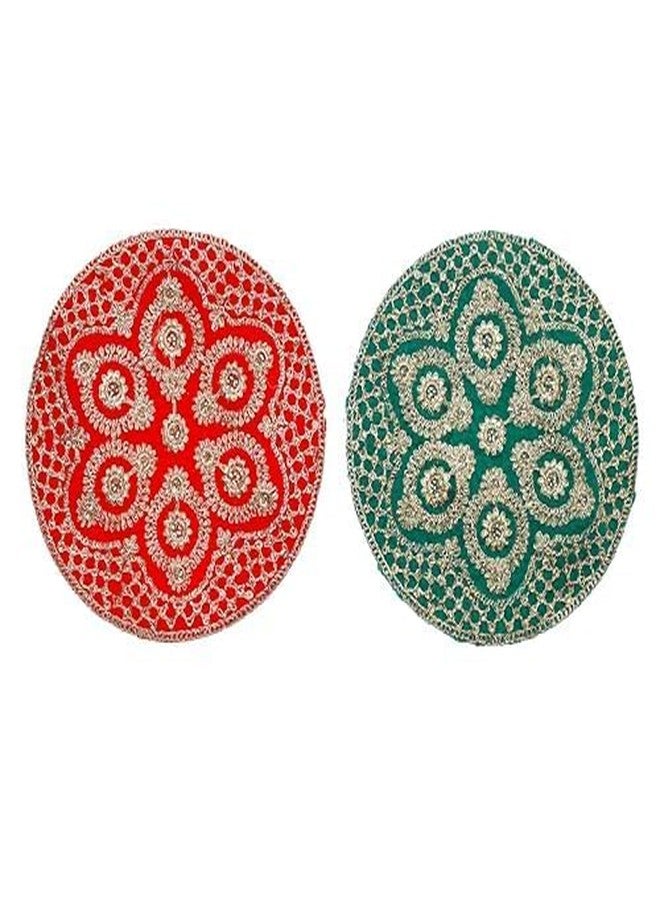 Aditri Creation Set of 2 Decorative Round Mat Aasan Velvet Pooja Cloth Cloth with Sequence Work for Indian Traditional Multipurpose Puja New year Decorations Pooja Item & Article (Size :- 11" X11")(Red,Green) - Image 1