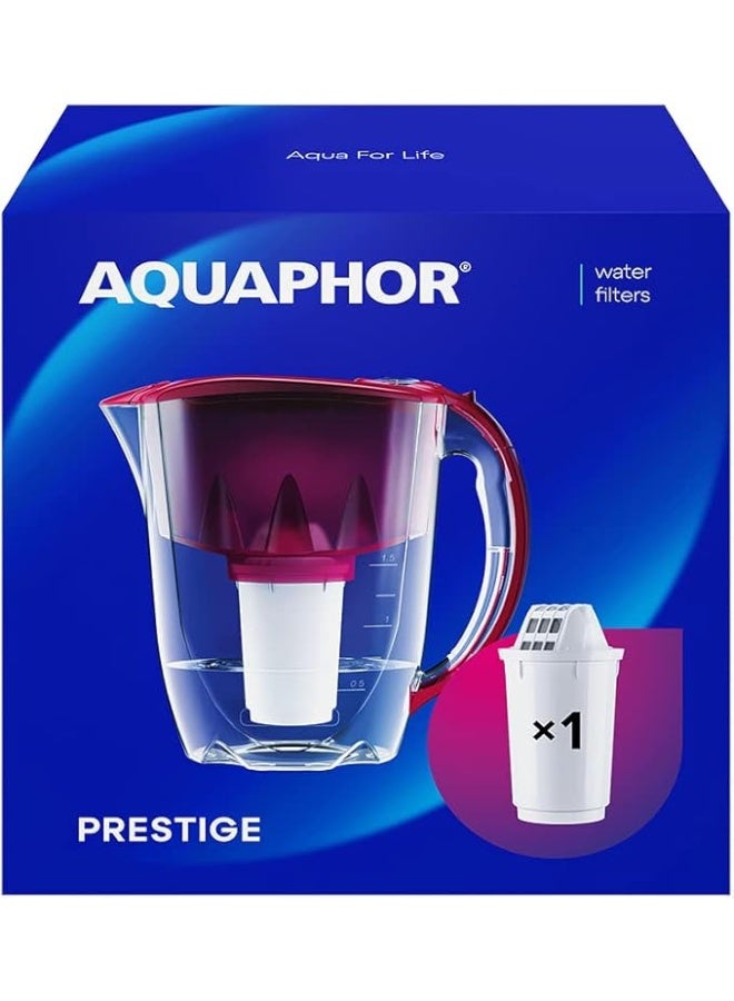 Aquaphor AQUAPHOR Water Filter Jug Prestige Cherry – 2.8L Capacity | Includes 1 A5 Filter Cartridge | Reduces Limescale, Chlorine & Microplastics | Slim Design Fits in Fridge Door | BPA-Free  - Image 1