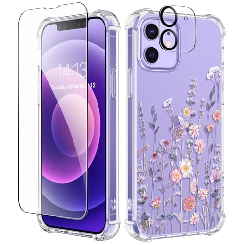 GVIEWIN for iPhone 12 Case and iPhone 12 Pro Case with Screen Protector + Camera Lens Protector, Clear Flexible TPU Shockproof Cover Women Girls Flower Pattern Phone Case 6.1 (Floratopia/Colorful) - Image 1