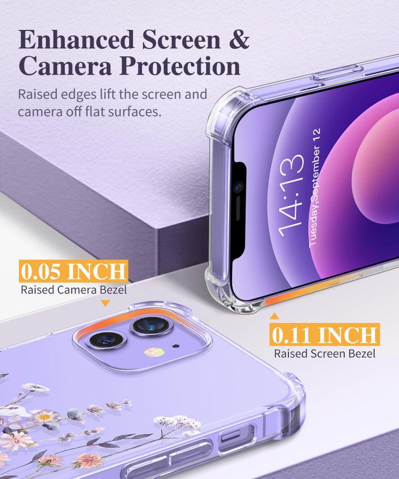 GVIEWIN for iPhone 12 Case and iPhone 12 Pro Case with Screen Protector + Camera Lens Protector, Clear Flexible TPU Shockproof Cover Women Girls Flower Pattern Phone Case 6.1 (Floratopia/Colorful) - Image 5