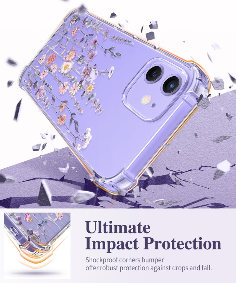 GVIEWIN for iPhone 12 Case and iPhone 12 Pro Case with Screen Protector + Camera Lens Protector, Clear Flexible TPU Shockproof Cover Women Girls Flower Pattern Phone Case 6.1 (Floratopia/Colorful) - Image 4