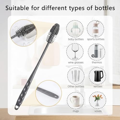 KBS Bottle Cleaning Brush Silicone Long Handle for Narrow Neck Containers Vase and Glass Cleaner for Home Accessories Item Products (31-CM-Grey-Brush-Silicone) - Image 2