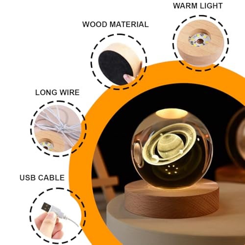 fizzytech 3D Saturn Crystal Ball Night Lamp, Crystal Ball Night Light, Corded Electric Table Colorful LED 2.4 Inch Wooden Base Lamp for Home Decoration Birthday Gift for Teens Boys and Girls - Image 4