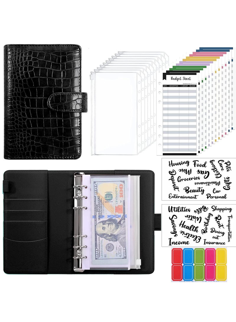 KASTWAVE Budget Binder with 8pcs Cash Envelopes for Budgeting, Crocodile Pattern A6 Binder with 2Pcs Label Stickers and 12Pcs Expense Trackers Money Organizer for Cash for Saving Binder(Black) - Image 1