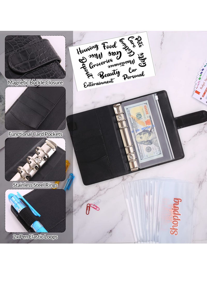 KASTWAVE Budget Binder with 8pcs Cash Envelopes for Budgeting, Crocodile Pattern A6 Binder with 2Pcs Label Stickers and 12Pcs Expense Trackers Money Organizer for Cash for Saving Binder(Black) - Image 3