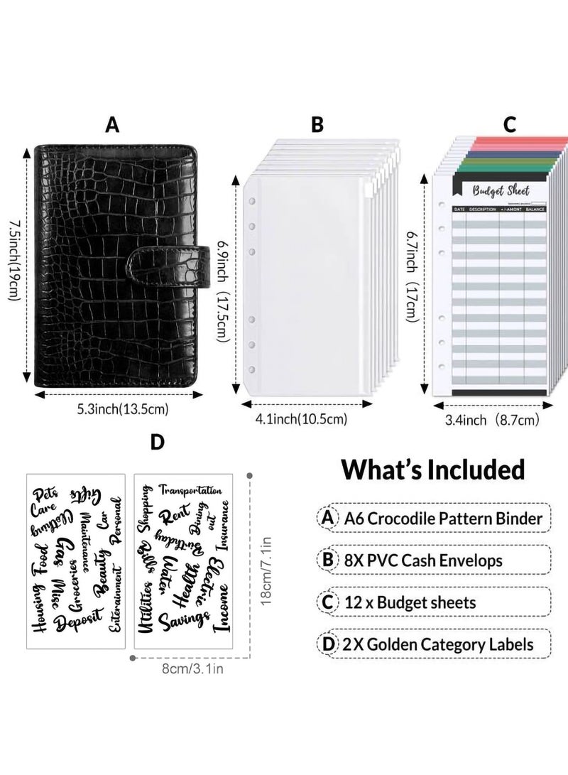 KASTWAVE Budget Binder with 8pcs Cash Envelopes for Budgeting, Crocodile Pattern A6 Binder with 2Pcs Label Stickers and 12Pcs Expense Trackers Money Organizer for Cash for Saving Binder(Black) - Image 5